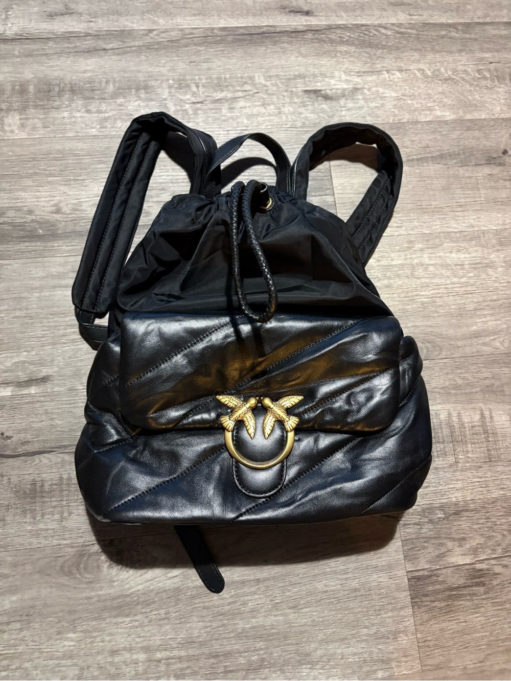 Pinko Leather and Nylon Lovebird Satchel Backpack